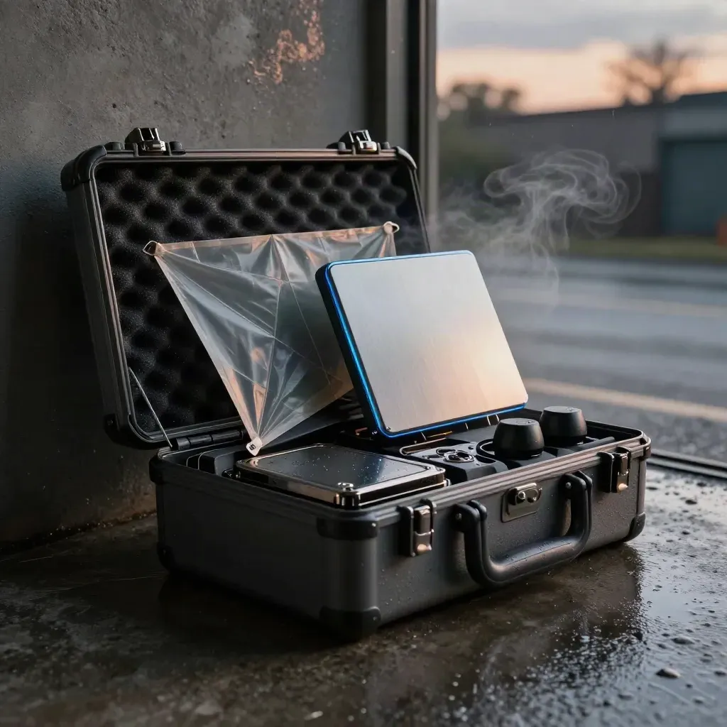 Open graphite production kit case on rain-dark concrete at dusk with mist and steam