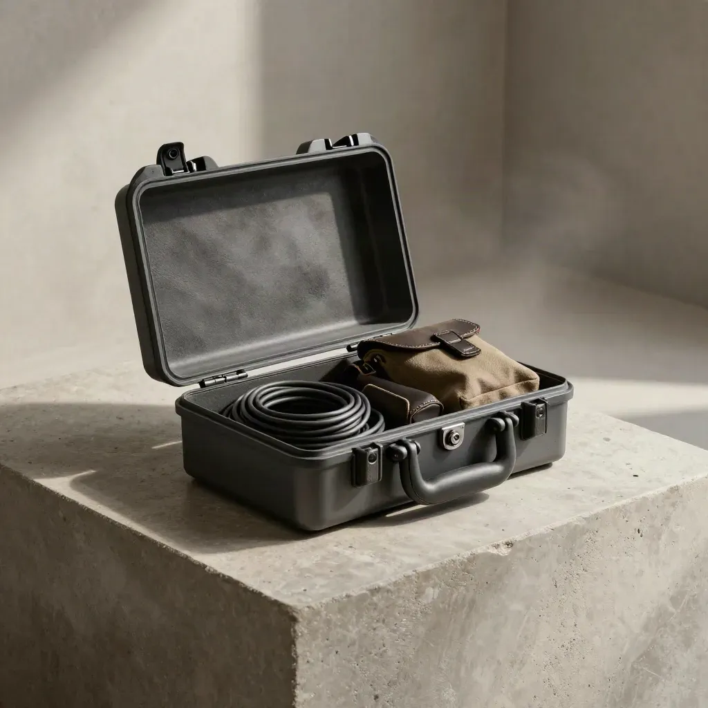 Graphite hard case with cable and drive pouches on stone in soft cinematic light.
