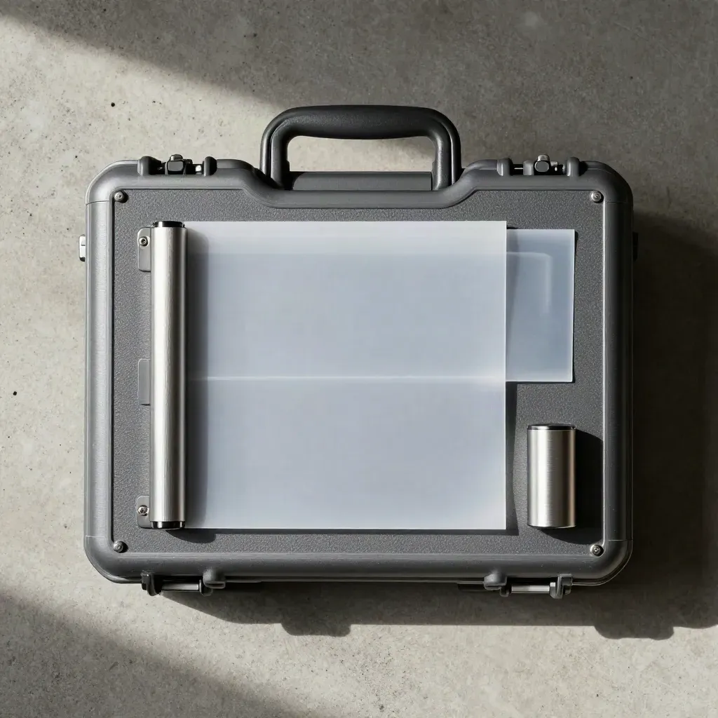 Overhead flat lay of a graphite production kit on pale concrete with soft directional shadows