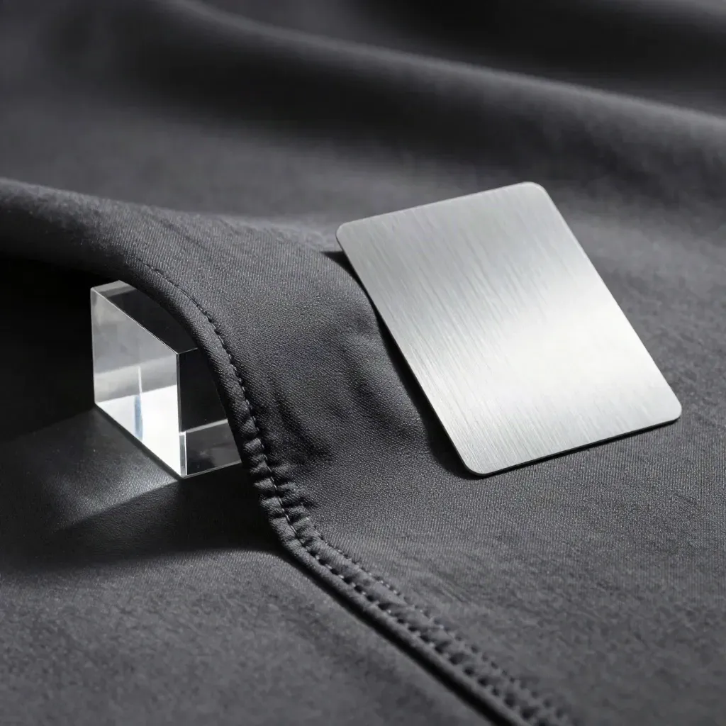 Dark fabric wrapped around an acrylic block and silver reflector card in dramatic macro light.