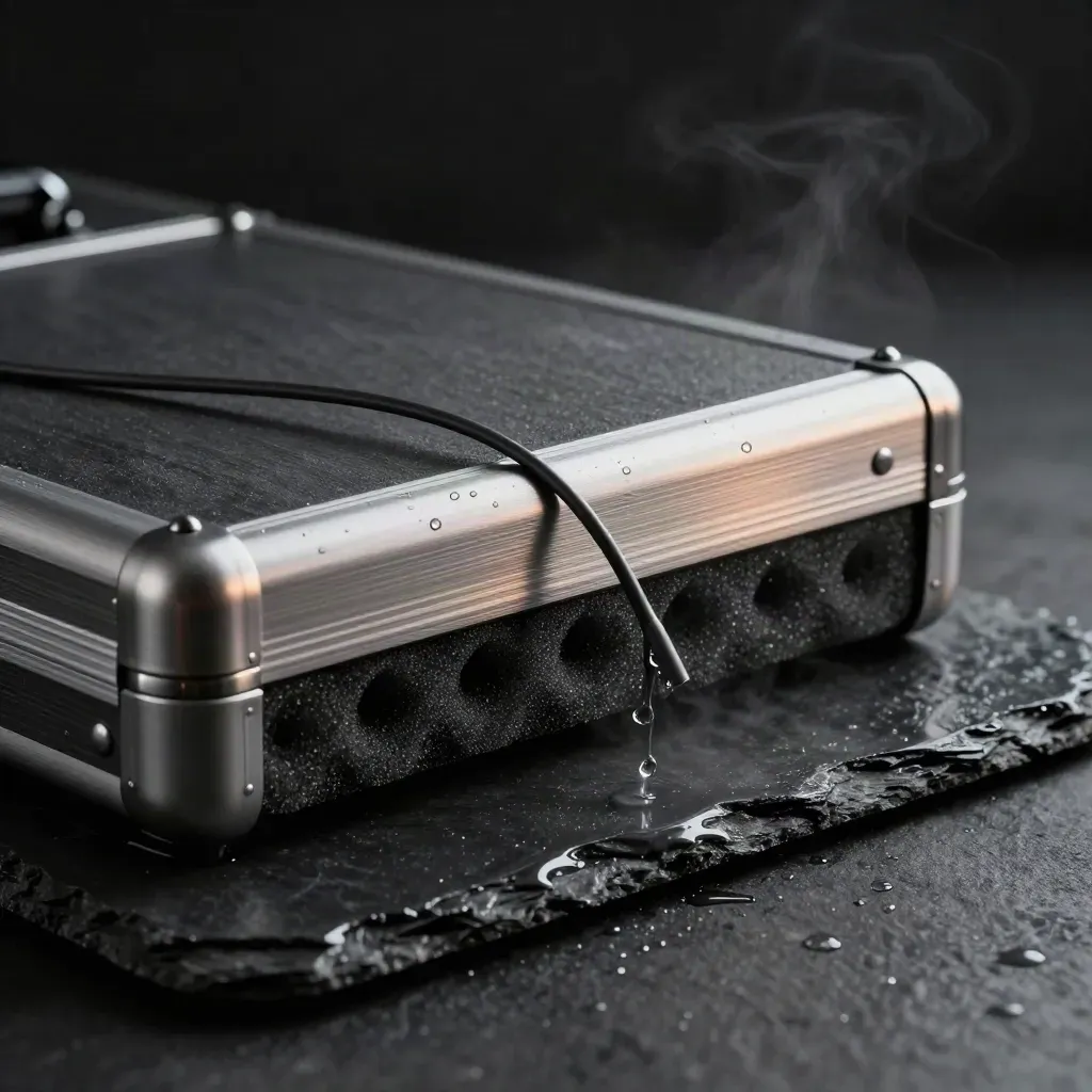 Graphite campaign case on wet slate with cable loop, blue glint, and mist in a dark studio.