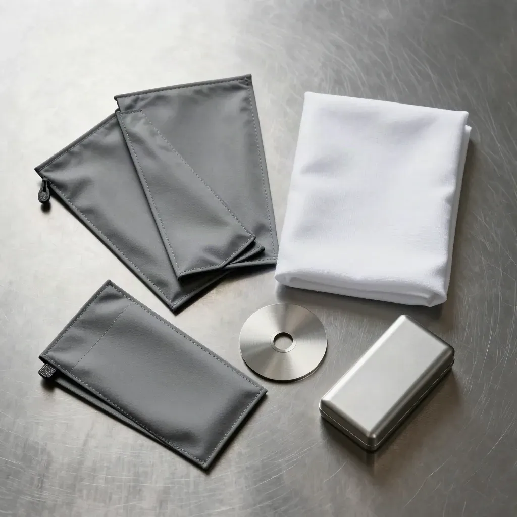 Overhead flatlay of drive pouches, cloth and calibration disc on brushed steel.