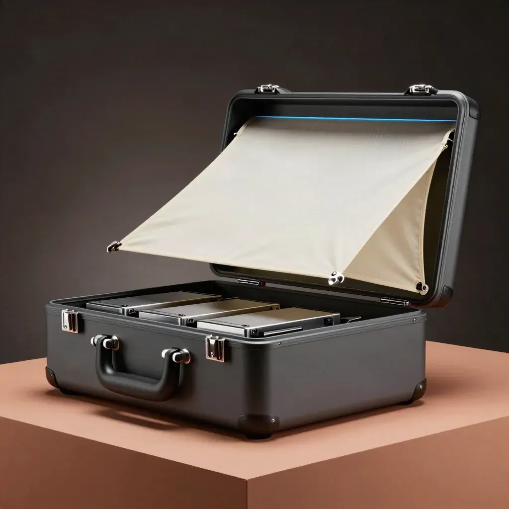Open graphite campaign case with drives, diffusion sail and metal hood on a terracotta plinth.