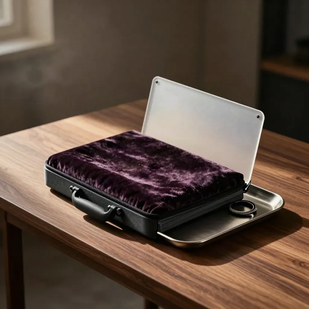 Graphite campaign case in velvet folds beside tray, cable and translucent panel on walnut surface.