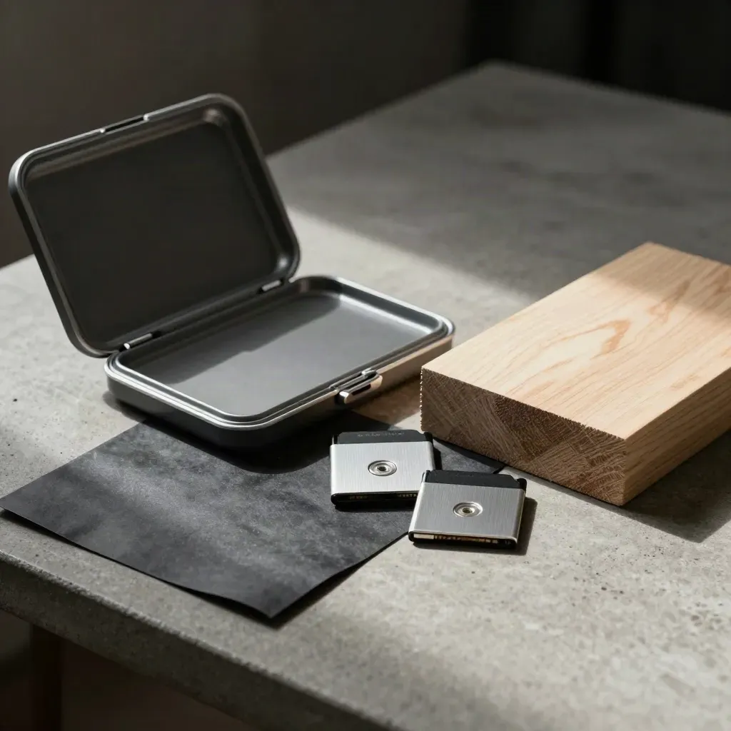 Graphite film kit, drives, scrim and wood sample on concrete under raking light