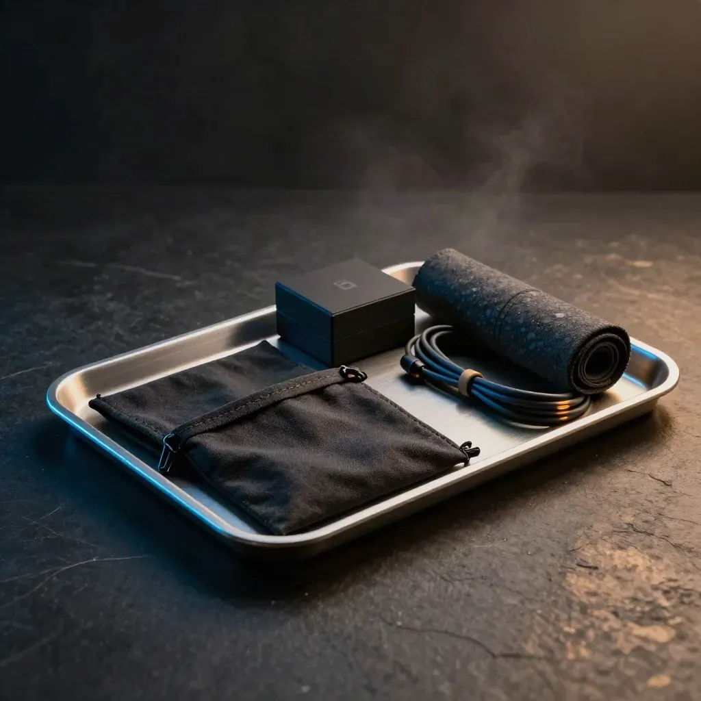 Dark production kit on a silver tray with blue edge light and amber reflections.