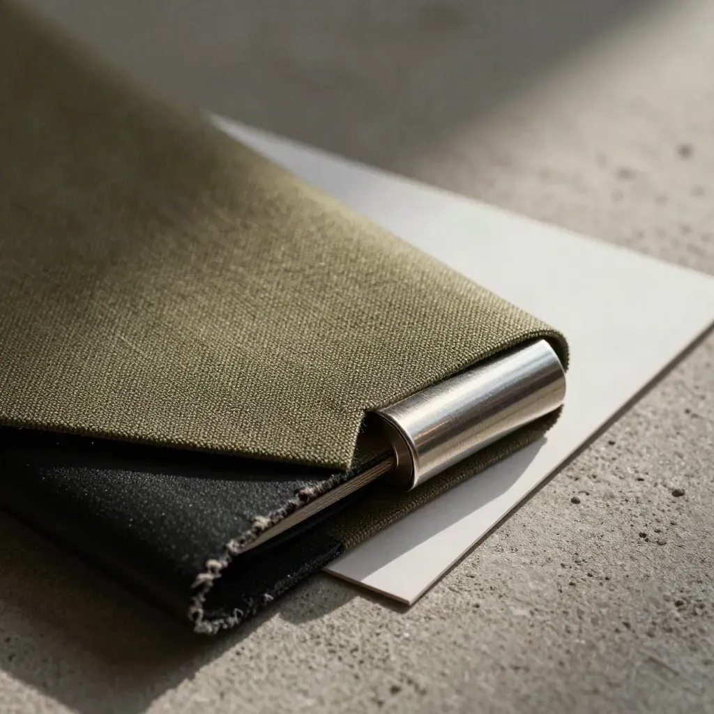 Macro of folded scrim, archive sleeve and silver puck on raw concrete with dramatic raking light.