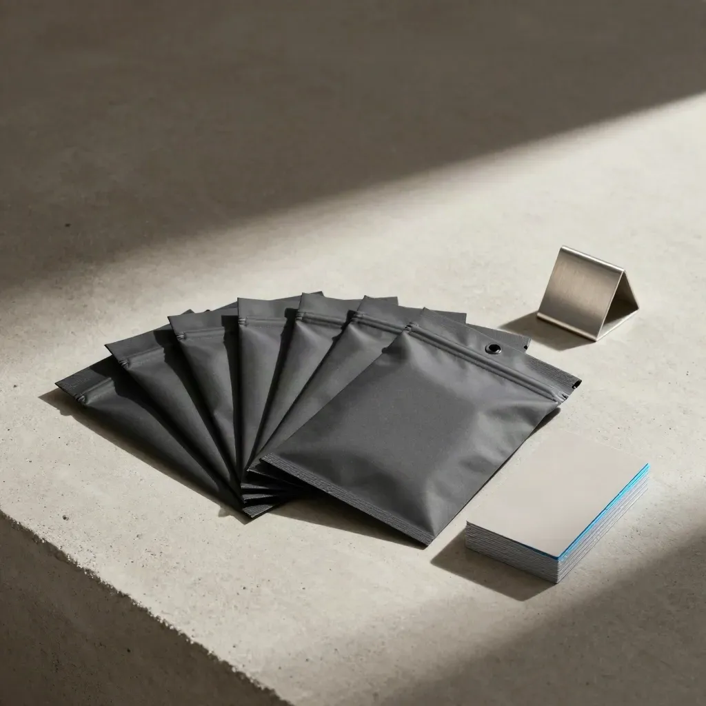 Overhead flatlay of matte data pouches, aluminium riser, and folded cards on concrete.