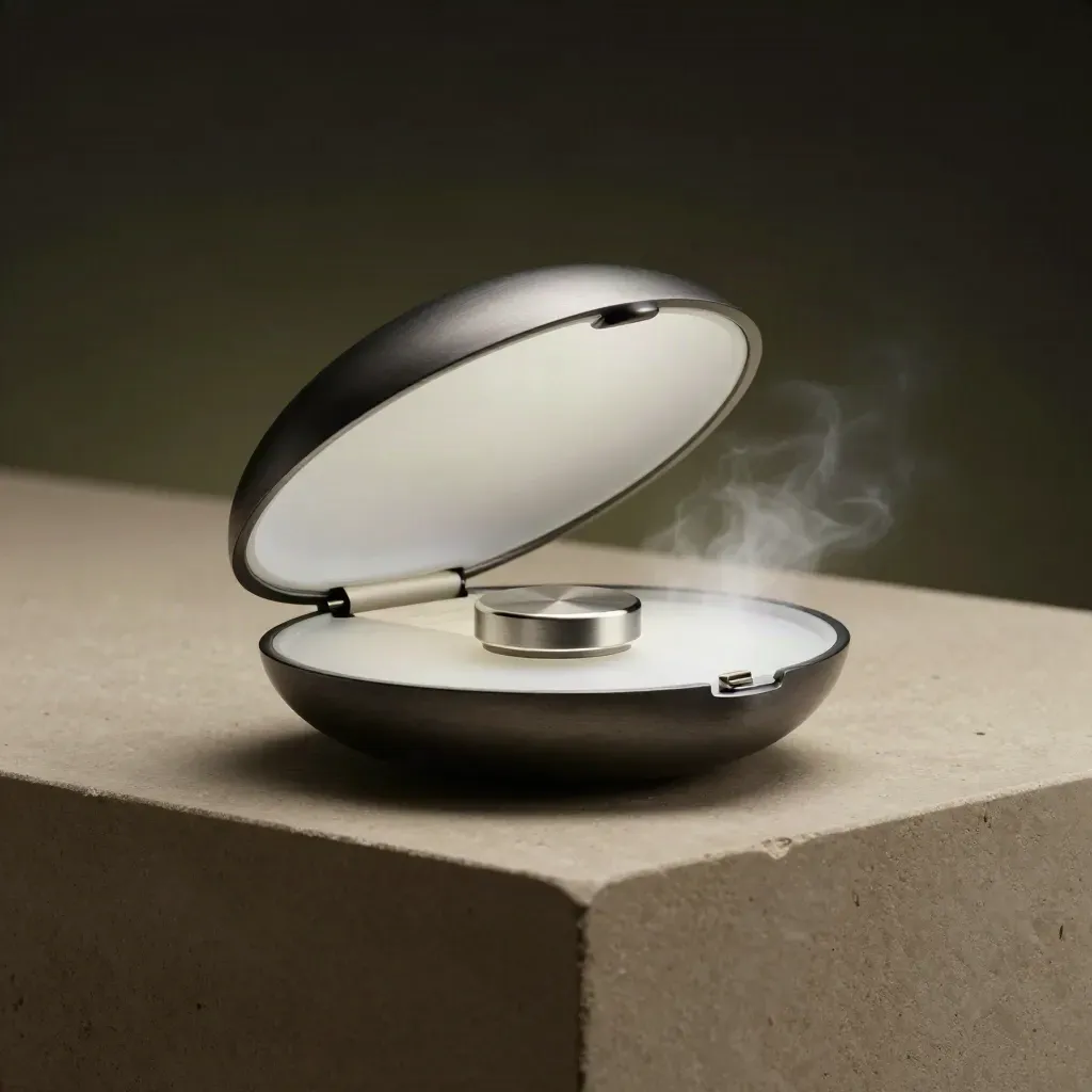 Graphite shell case and brushed-metal puck glowing on a dark plinth with misty halo.
