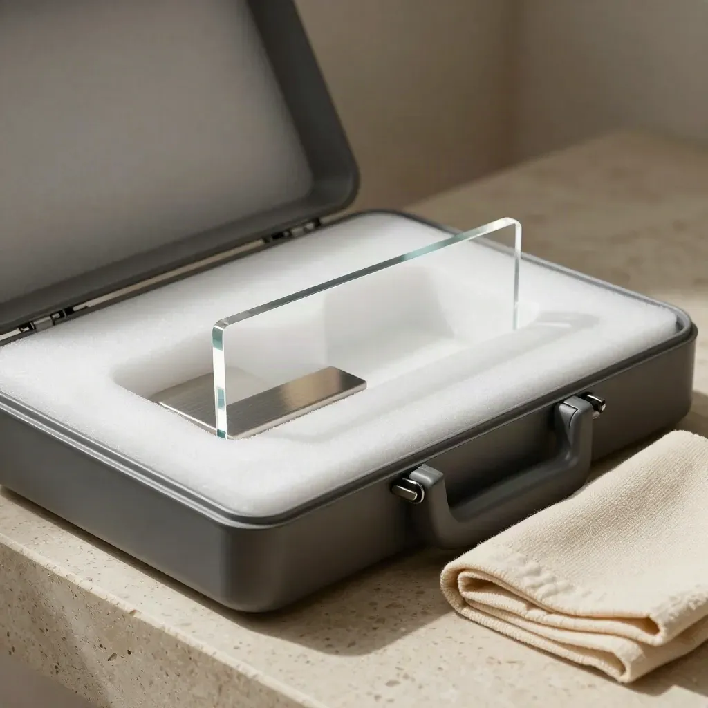 Open hard case with foam insert, acrylic riser, cloth, and stone in a premium lifestyle setup.