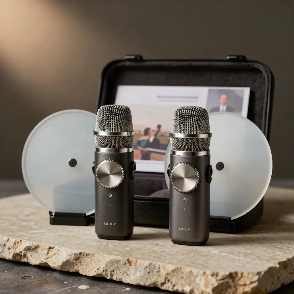 Two compact audio recorders, frosted discs and a dark case on limestone with soft studio light.