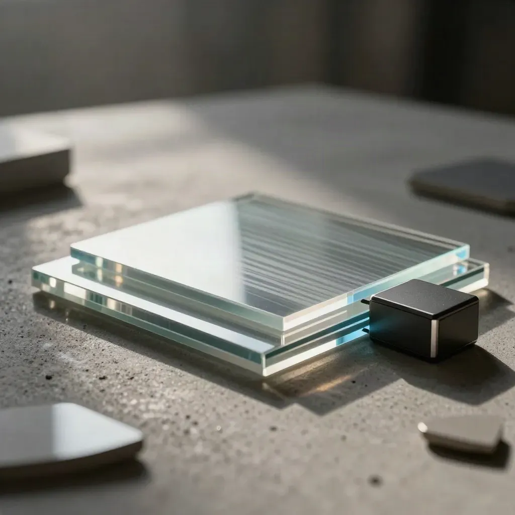 Mirrored tiles and translucent sheets around a compact control block on cool concrete, lit with blue accents
