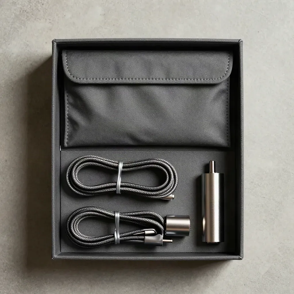 Overhead flatlay of archive box, drive pouches and cables on pale concrete.