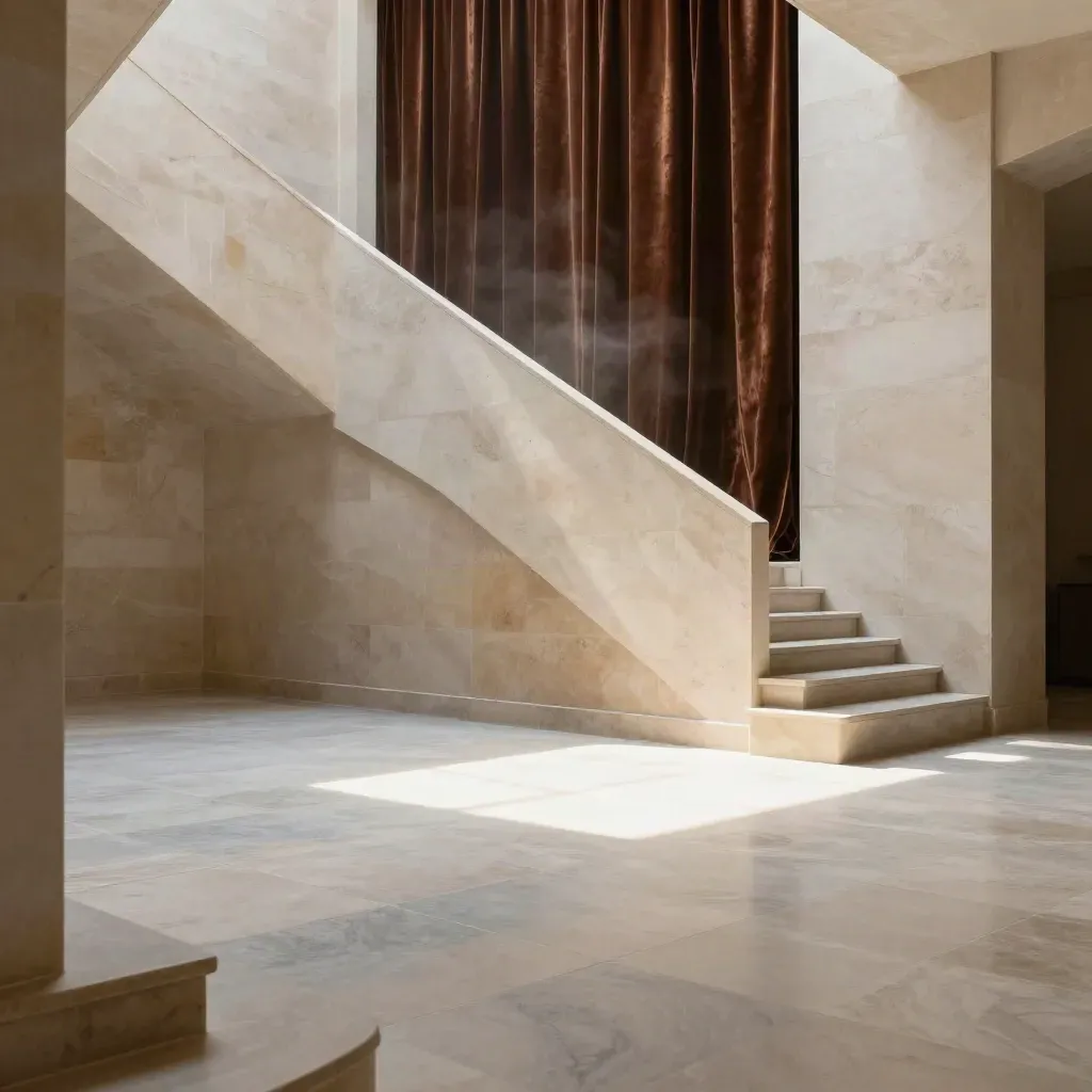 Sunlit limestone atrium with stair, curtain, and calm stone floor for copy space
