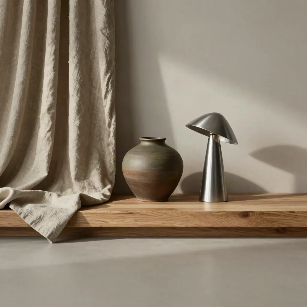 Walnut studio corner with linen, ceramic vessel and steel lamp in soft morning light.