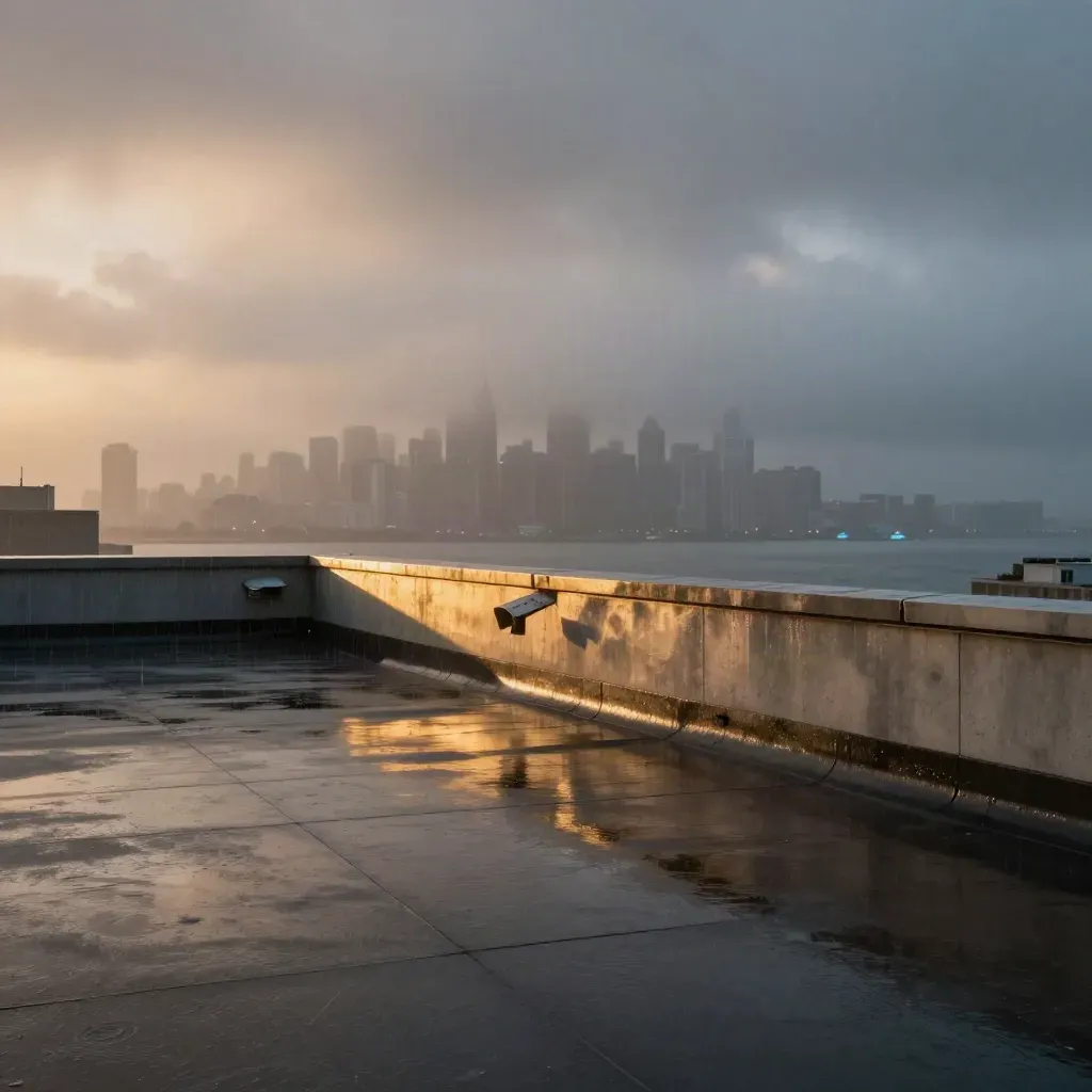 Rain-dark rooftop terrace at dusk with rolling cloud and distant city glow.