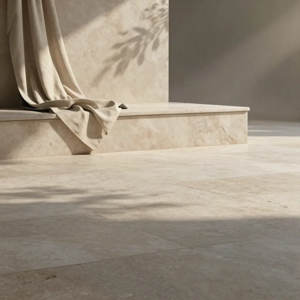 Travertine courtyard with linen drape, branch shadow, and calm stone space for copy.