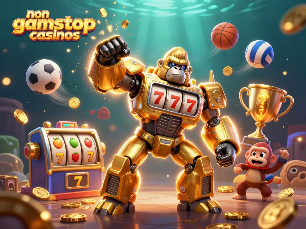 Engaging 3D illustration showcasing vibrant non gamstop casinos theme with a golden gorilla mech, dynamic sports elements, and treasure.