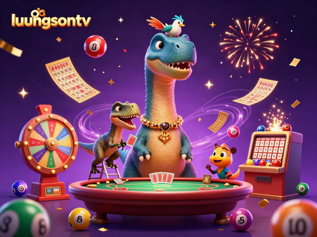 luongsontv showcases a whimsical casino scene with a dinosaur dealer and vibrant lottery elements