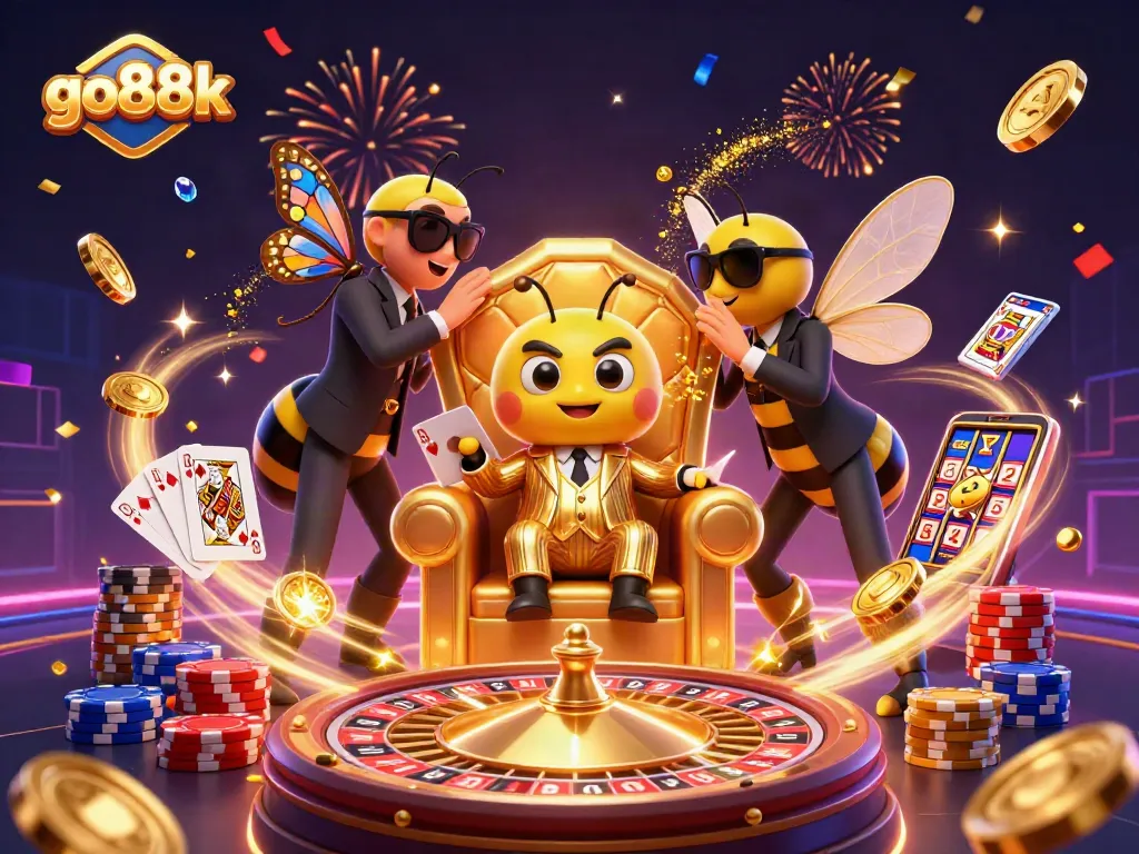Go88k's thrilling gambling experience with a dynamic 3D cartoon scene featuring casino elements.