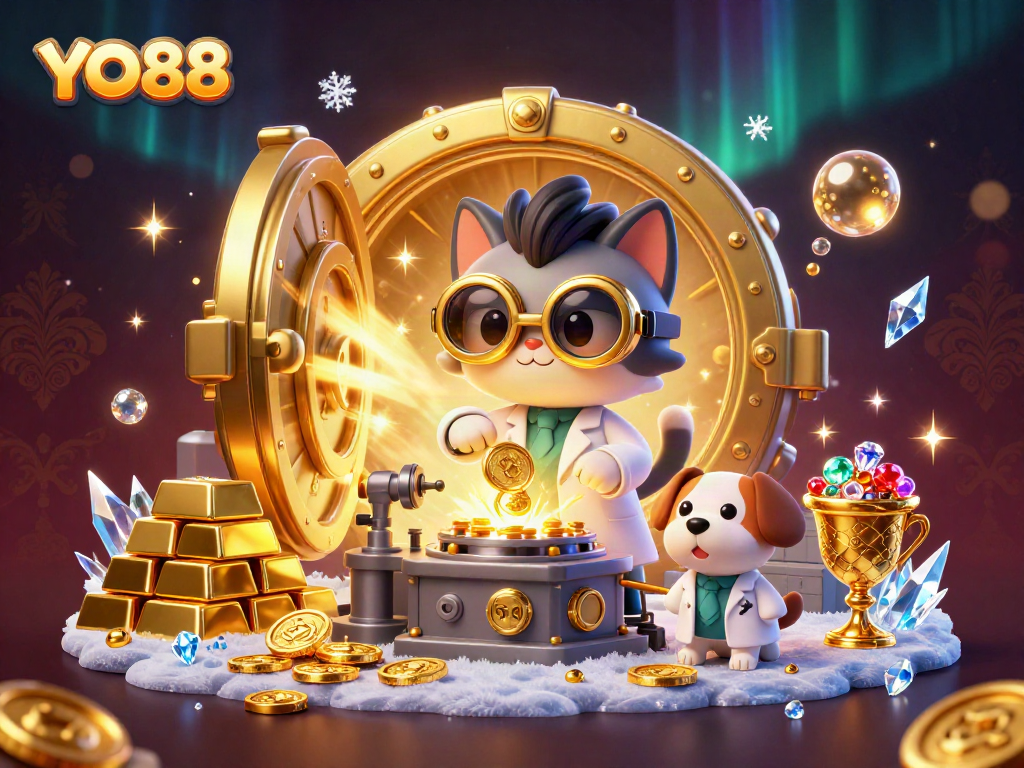 Experience thrilling gameplay with YO88, featuring a vibrant 3D casino scene packed with excitement and treasures.