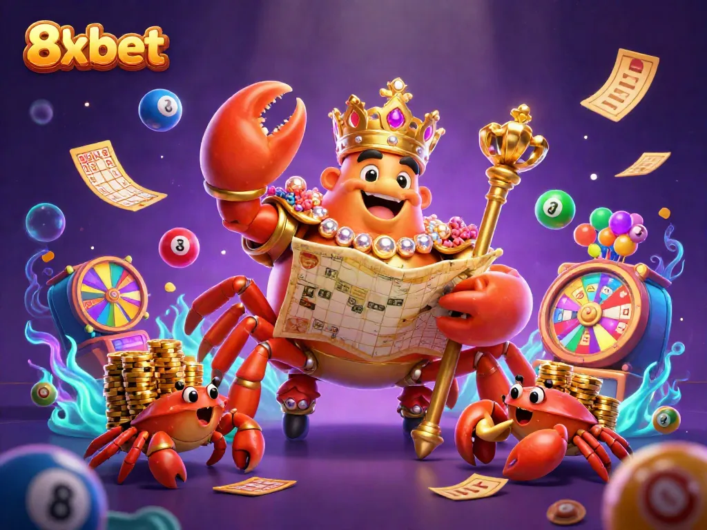 Engage with 8xbet's vibrant online gaming universe featuring golden crab emperor and lottery elements.