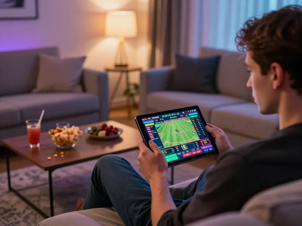 G28 player enjoying mobile sports betting game in a cozy living room