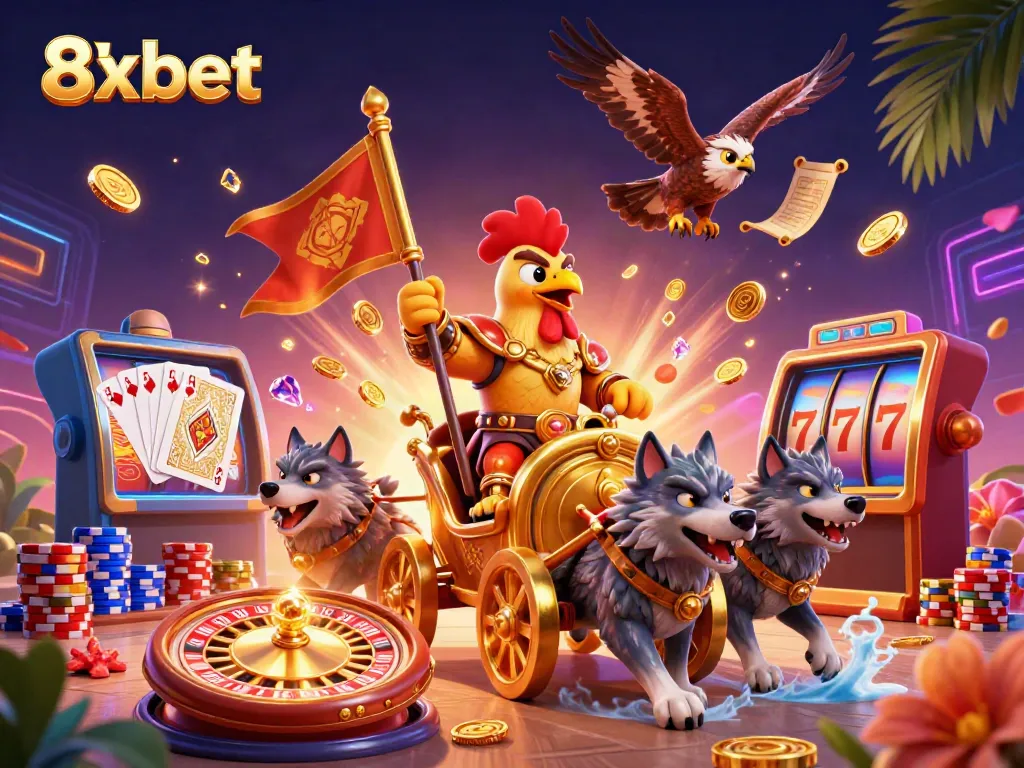 Experience thrilling 8xbet casino gaming with a dynamic illustration of a rooster warlord and engaging elements.
