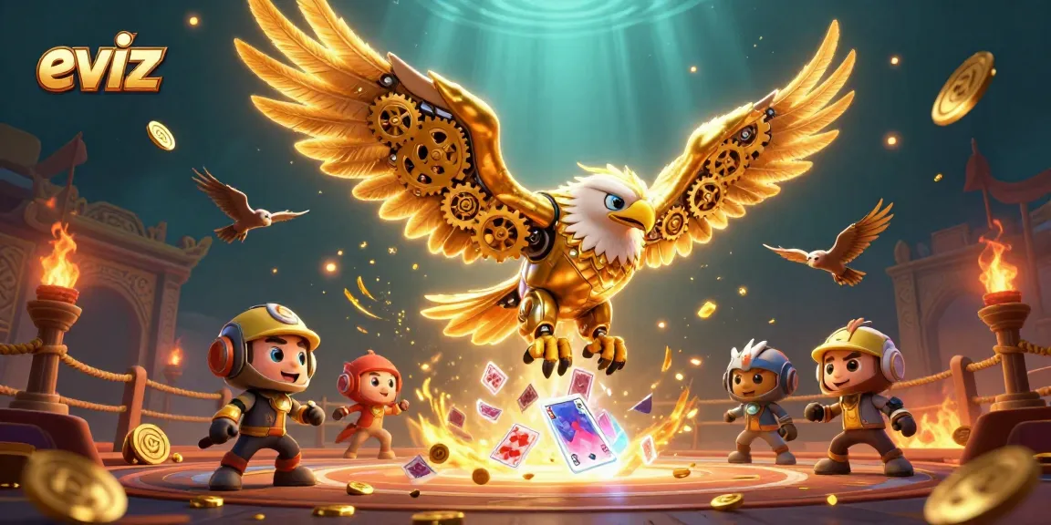 Play and win at eviz with a vibrant 3D illustration of cybernetic eagles amidst an exciting casino backdrop.