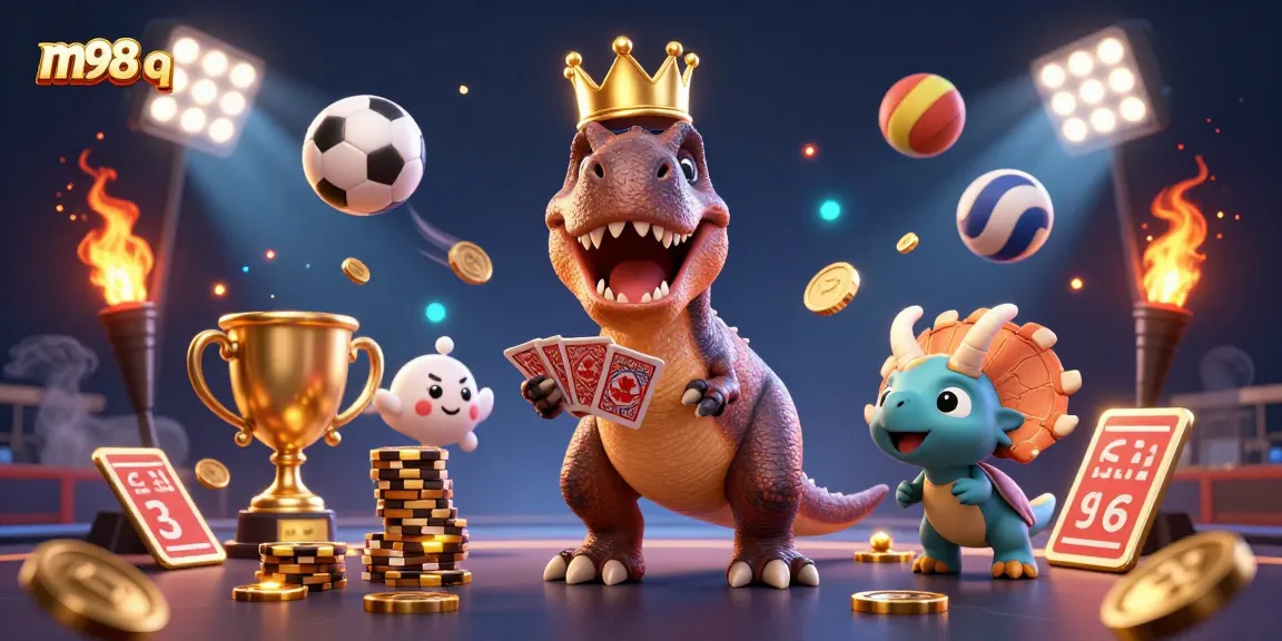 Engage with exhilarating m98 q sports betting across a vibrant casino scene with animated characters.