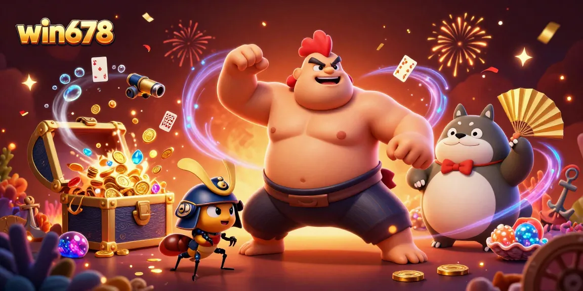 Win678 features a powerful sumo rooster with vibrant fireworks and casino elements in a dynamic illustration.