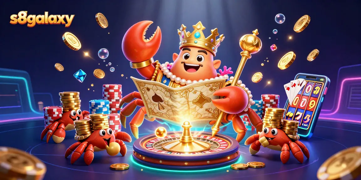 Experience vibrant gaming excitement with s8galaxy, featuring a golden crab emperor surrounded by shimmering casino elements.