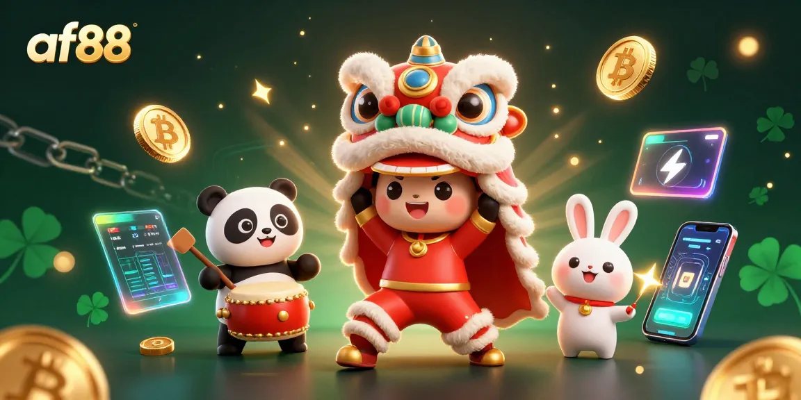 Experience thrilling gaming with af88 featuring lively lion dance characters amidst glowing crypto elements.