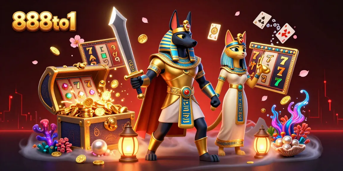 Experience the excitement of 888to1 with Anubis and Bastet in this vibrant casino scene.