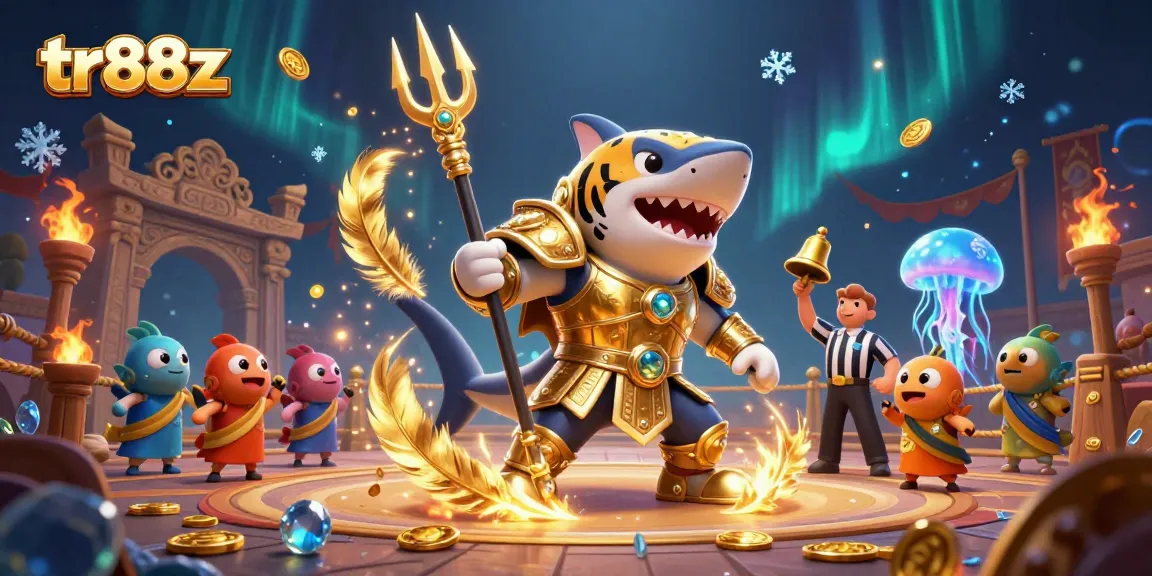Engage with the thrilling underwater battle scene of tr88z featuring a tiger shark gladiator triumphant.