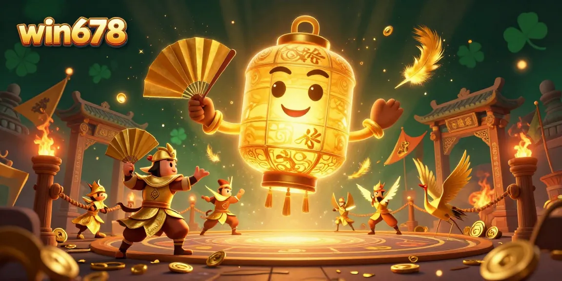 The win678 online casino features a glowing lantern spirit surrounded by exciting casino elements.