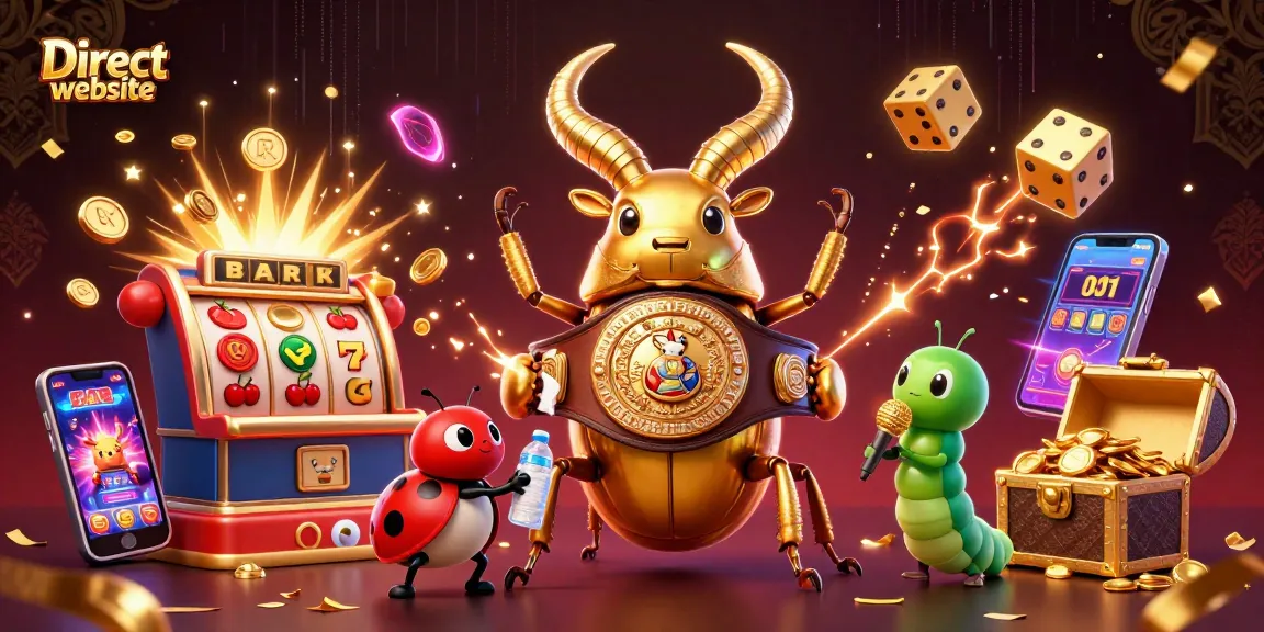 Engage with the Direct website's thrilling 3D illustration of a giant stag beetle champion glimmering in a carnival of slot machines and coins.
