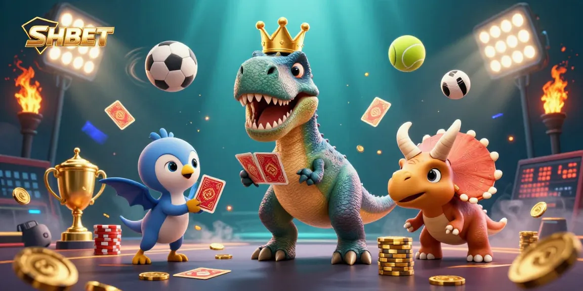 SHBET showcases exciting gameplay with a T-Rex card shuffling and energetic sports elements.