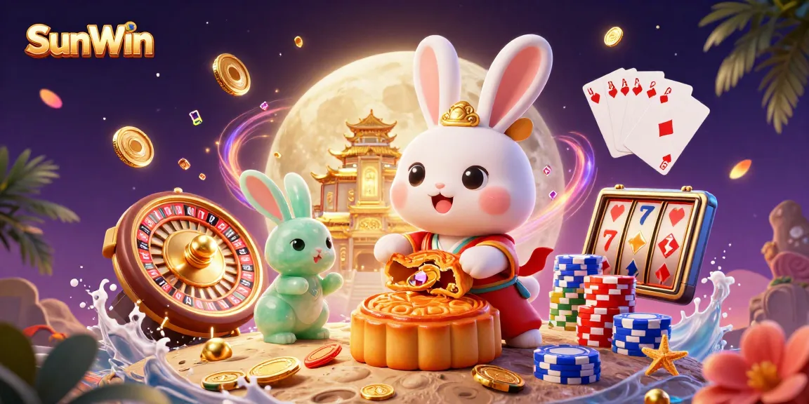 Experience SunWin's vibrant gaming world with a 3D moon rabbit illustration revealing poker chips and casino elements.