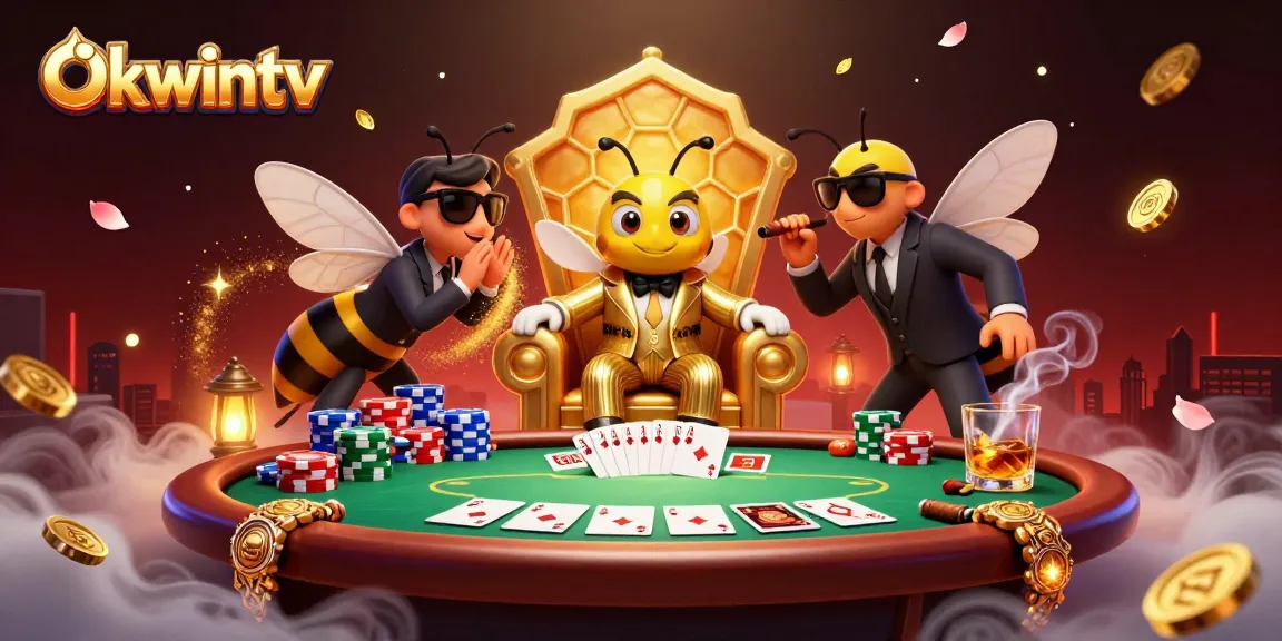 Engage with the Okwintv casino scene showcasing an exciting poker hand with vibrant characters.