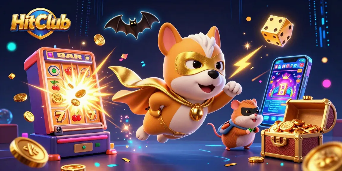 HitClub features a superhero dog flying with gold coins, surrounded by exciting casino games and symbols.