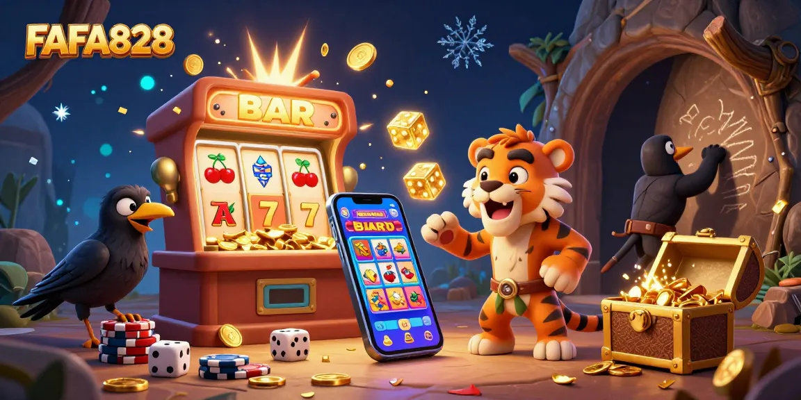 FAFA828 brings excitement with a dynamic 3D casino scene featuring caveman characters and a jackpot slot explosion.