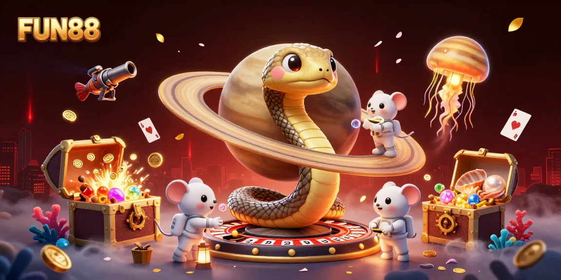 Experience FUN88 with tiny astronaut mice placing bets on a cosmic roulette wheel in this vibrant casino scene.
