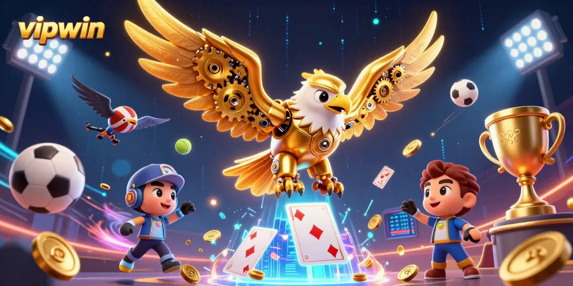 Experience vipwin's thrilling gaming adventures with a vibrant 3D illustration of sports betting action.