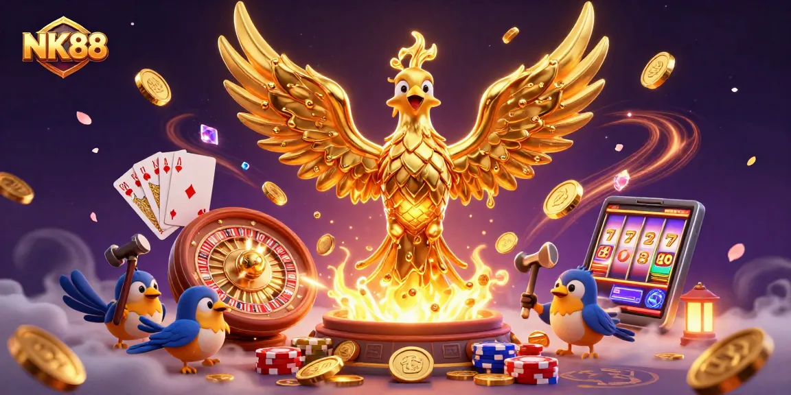 Nurture your fortune with NK88, where a golden phoenix rises amidst cascading coins and roulette excitement.