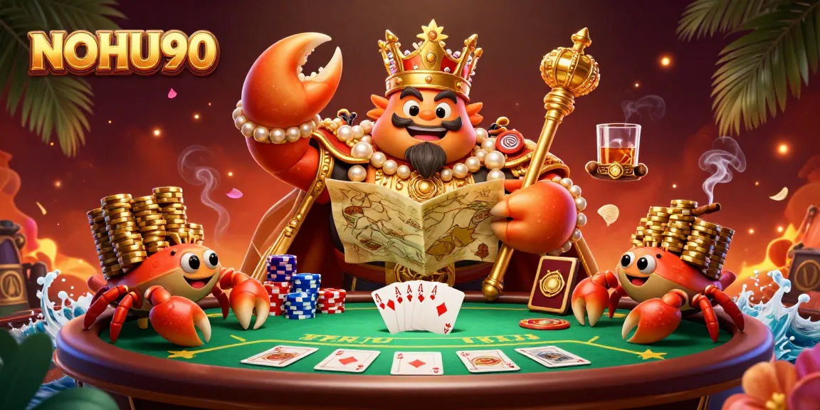 Engage in excitement at NOHU90 with a golden crab emperor amidst dynamic casino games and chips.