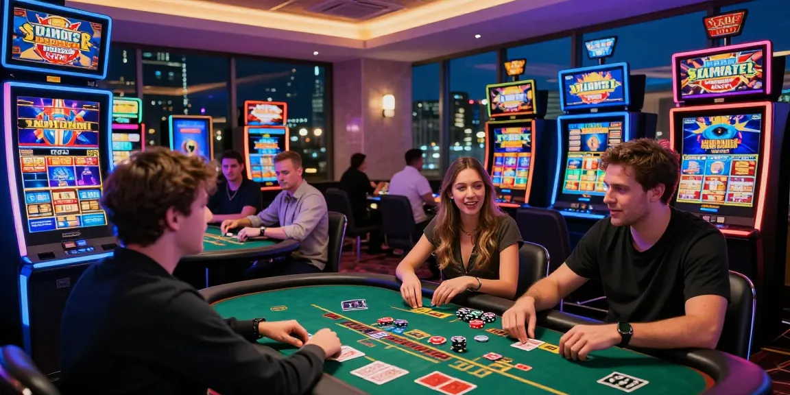 Players enjoying thrilling games at vibrant non UK casinos with engaging live dealer tables and slot machines.
